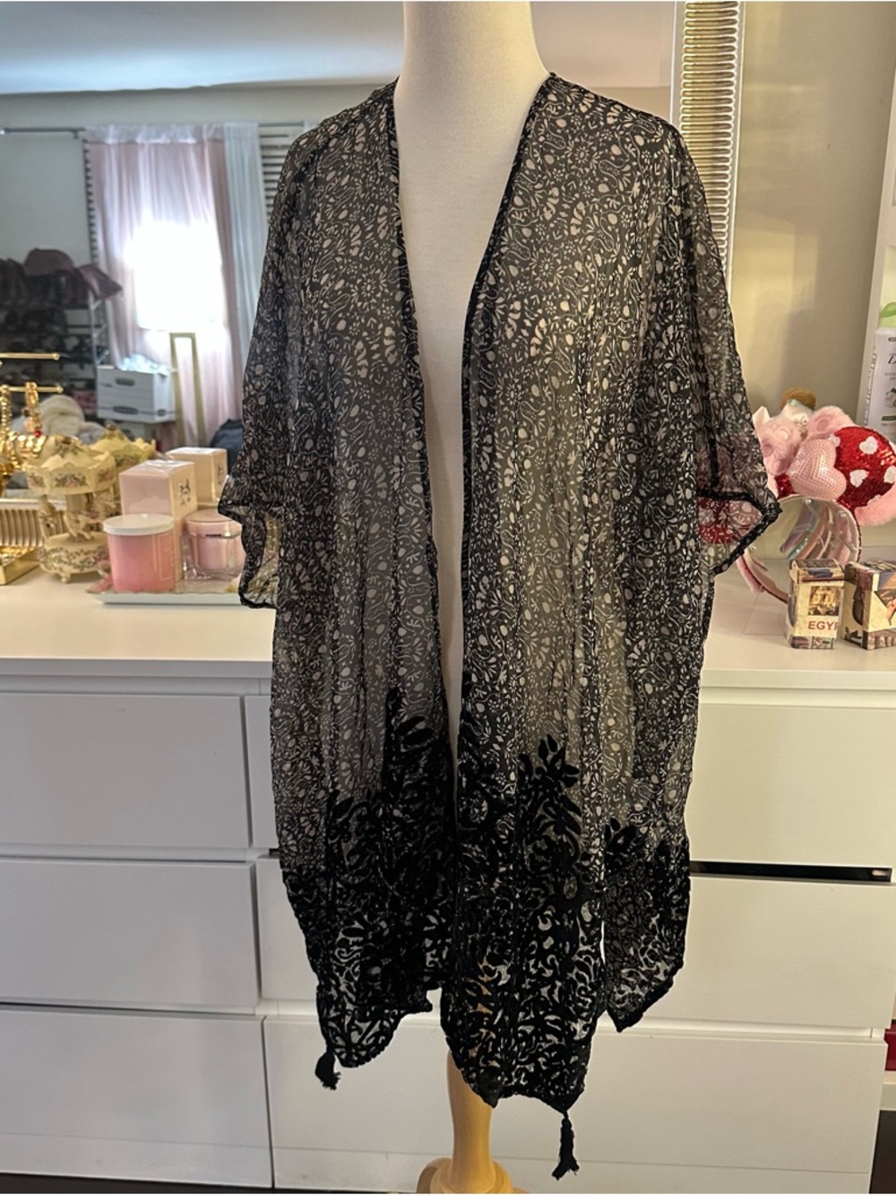 DR2 Sheer Black Printed Swim Coverup Kimono with Tassel Hem
